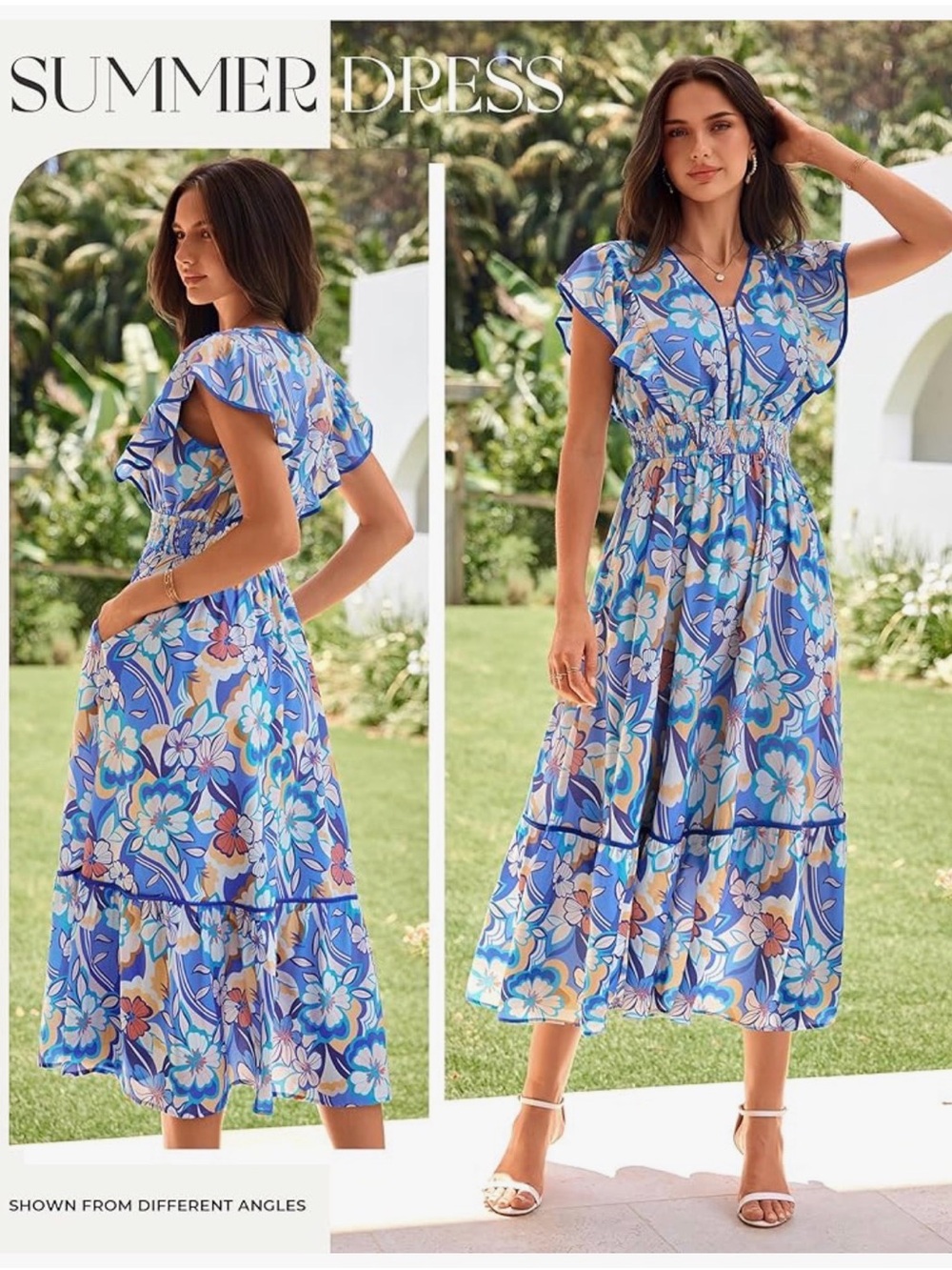 NWT Blue Floral Flutter Sleeve Midi Pocket Dress-S - Picture 7 of 13